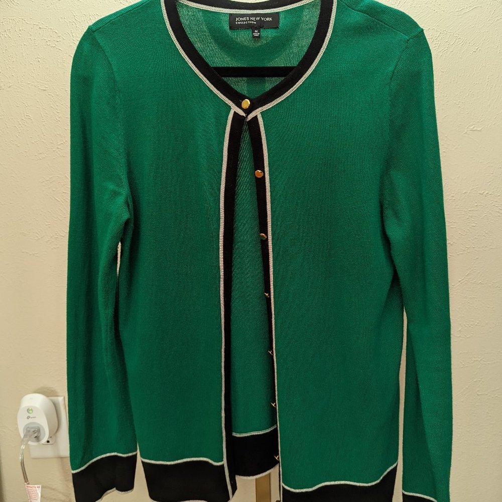 Jones New York Green/Navy/White Cardigan (Size M)
